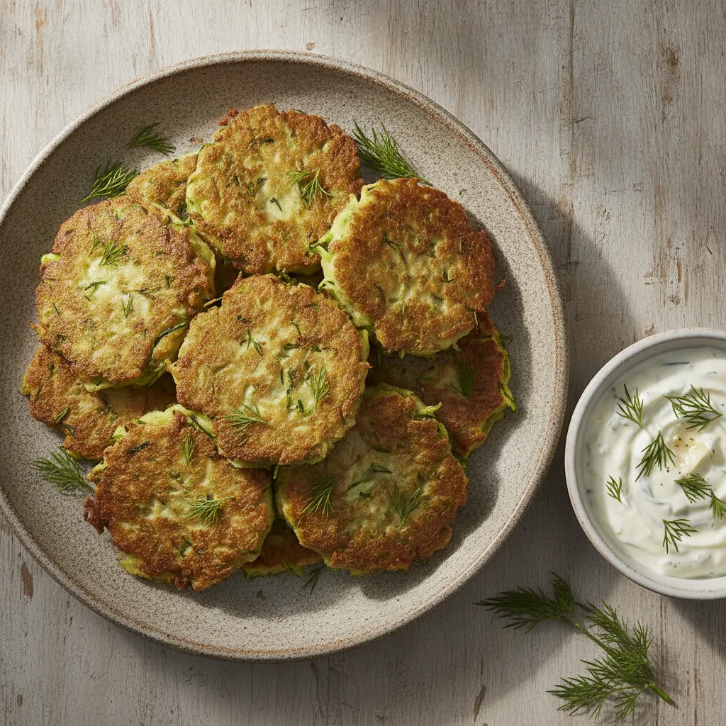 Light Baked Zucchini Fritters with Dill & Garlic Kefir Dip