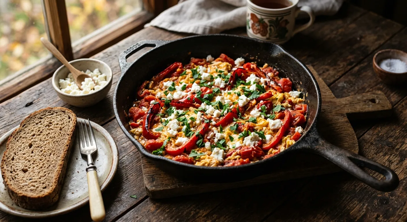 Light Bulgarian Mish-Mash (Scrambled Eggs with Roasted Red Peppers & Feta)