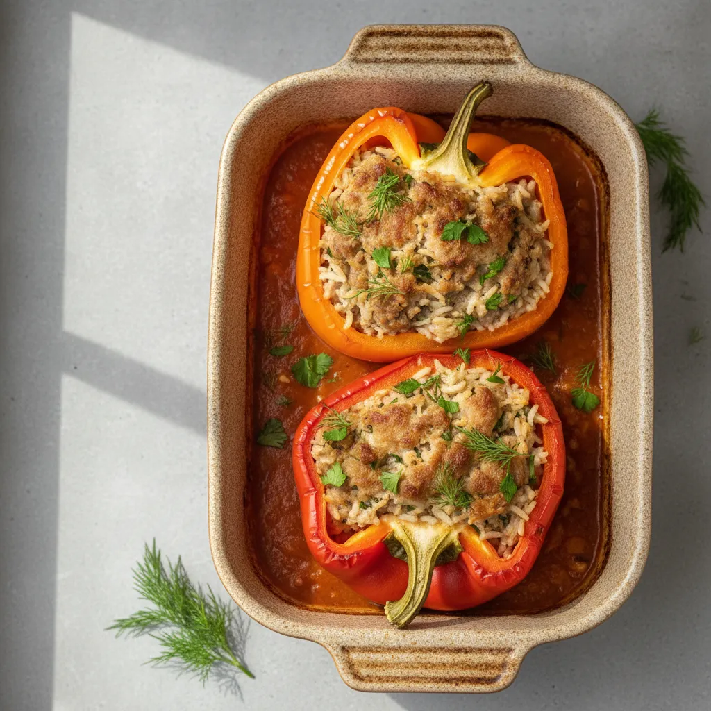 Light Bulgarian Stuffed Bell Peppers (Pulneni Chushki) with Lean Chicken & Herbs