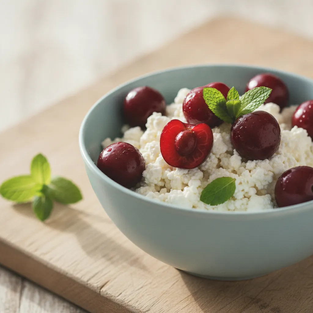 Light Cottage Cheese with Fresh Cherries & Mint