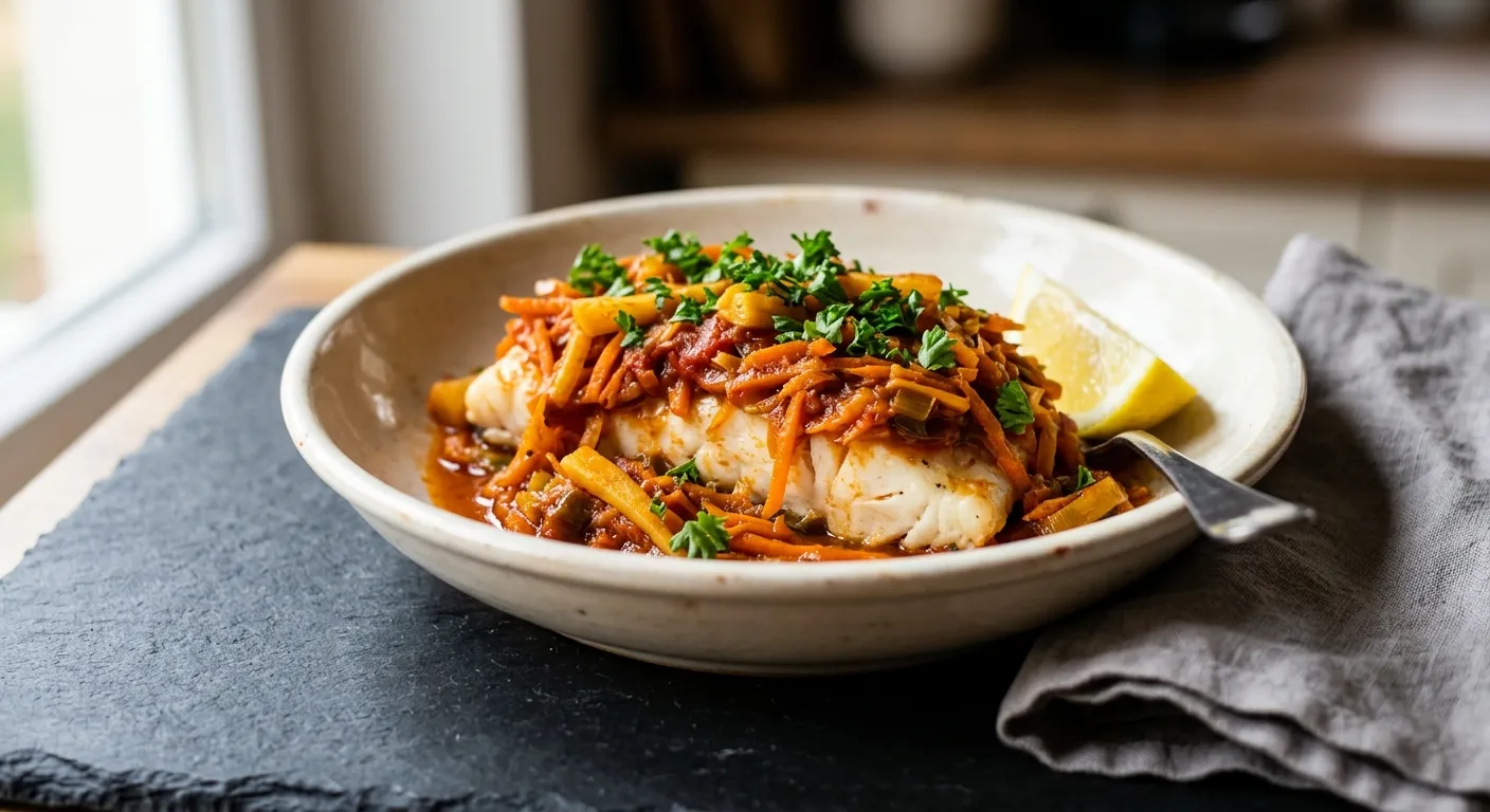 Light Polish Ryba po Grecku (Baked Cod with Braised Autumn Root Vegetables)